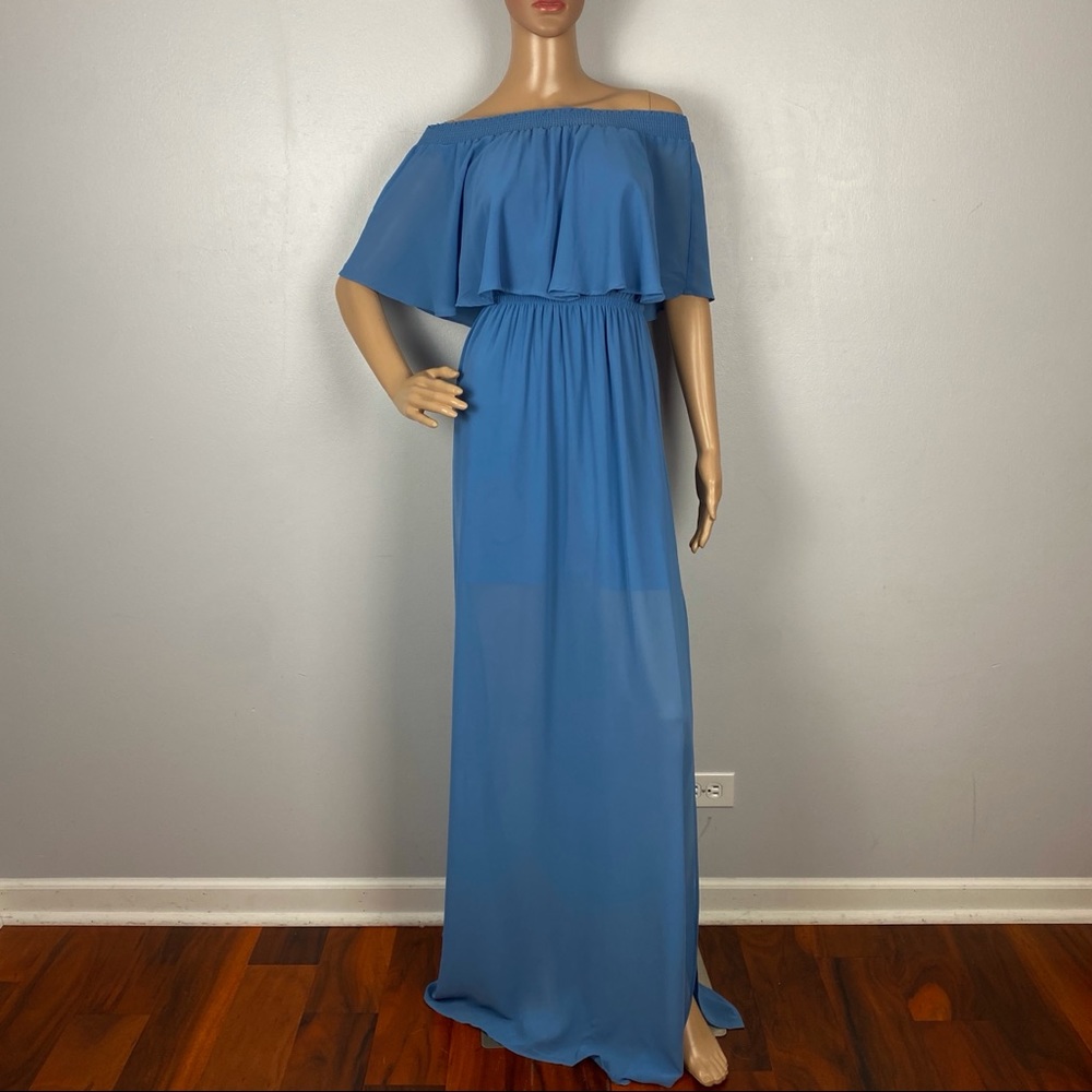 SHOW ME YOUR MUMU BLUE OFF-THE-SHOULDER FLOWY RUFFLE MAXI DRESS - Picture 2 of 9